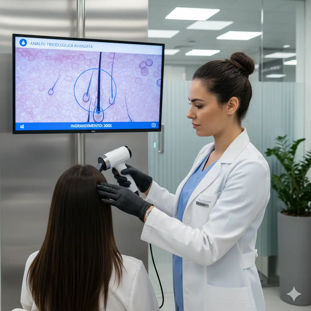 Parrucchiere professionista analizza la cute di una cliente con una microcamera tricologica per una diagnosi tricologica personalizzata in salone