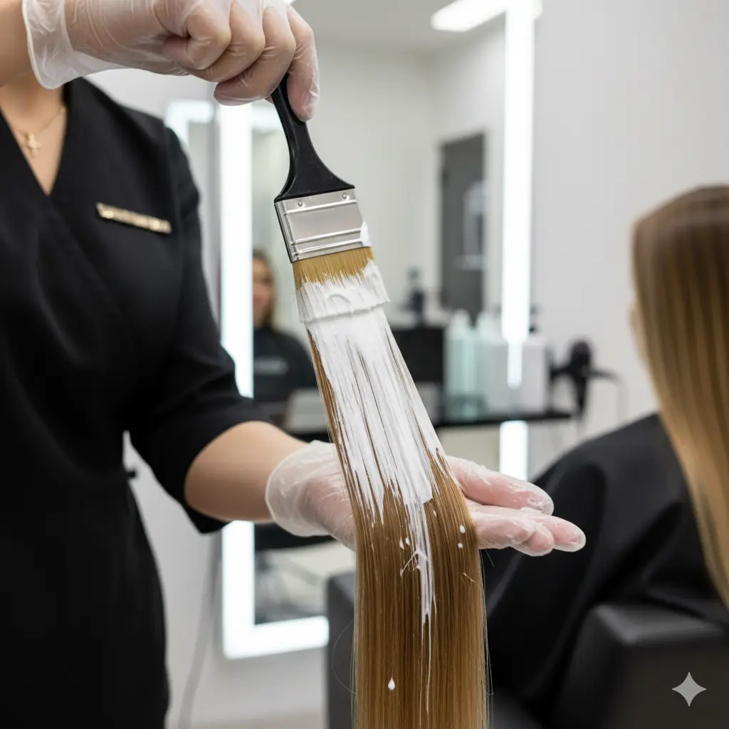 Parrucchiere professionista applica un trattamento lisciante alla cheratina su una ciocca di capelli in salone, durante il servizio anti-crespo