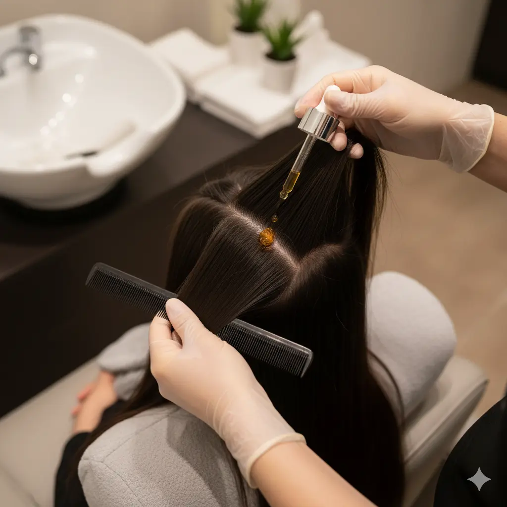 Applicazione professionale di una fiala o un siero per il trattamento della cute sensibile direttamente sul cuoio capelluto in un salone di parrucchieri.