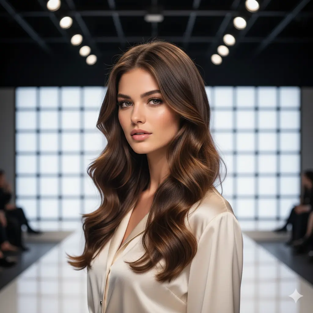 Modella con lunghi capelli castani e onde morbide, look 'expensive brunette' con un balayage delicato che crea riflessi tridimensionali.