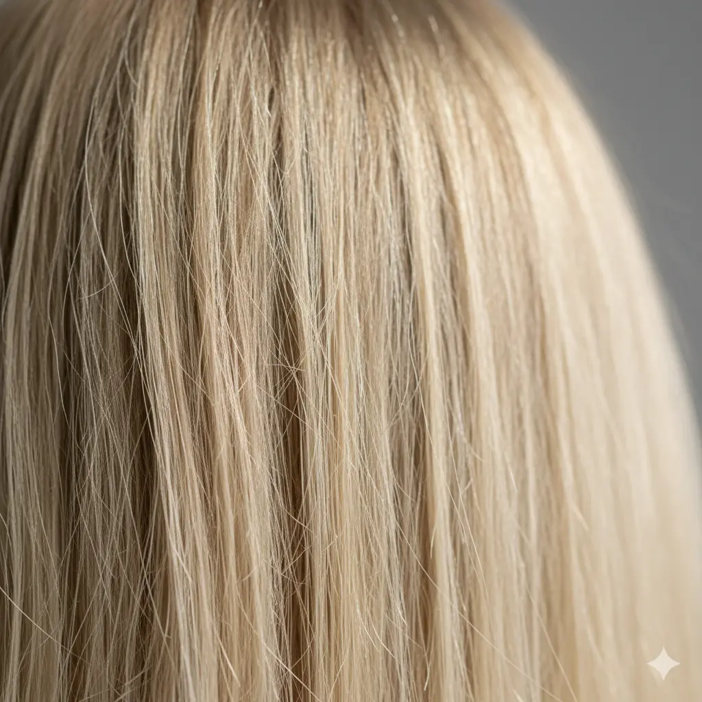 Primo piano di una ciocca di capelli con doppie punte evidenti, simbolo di una struttura capillare danneggiata.