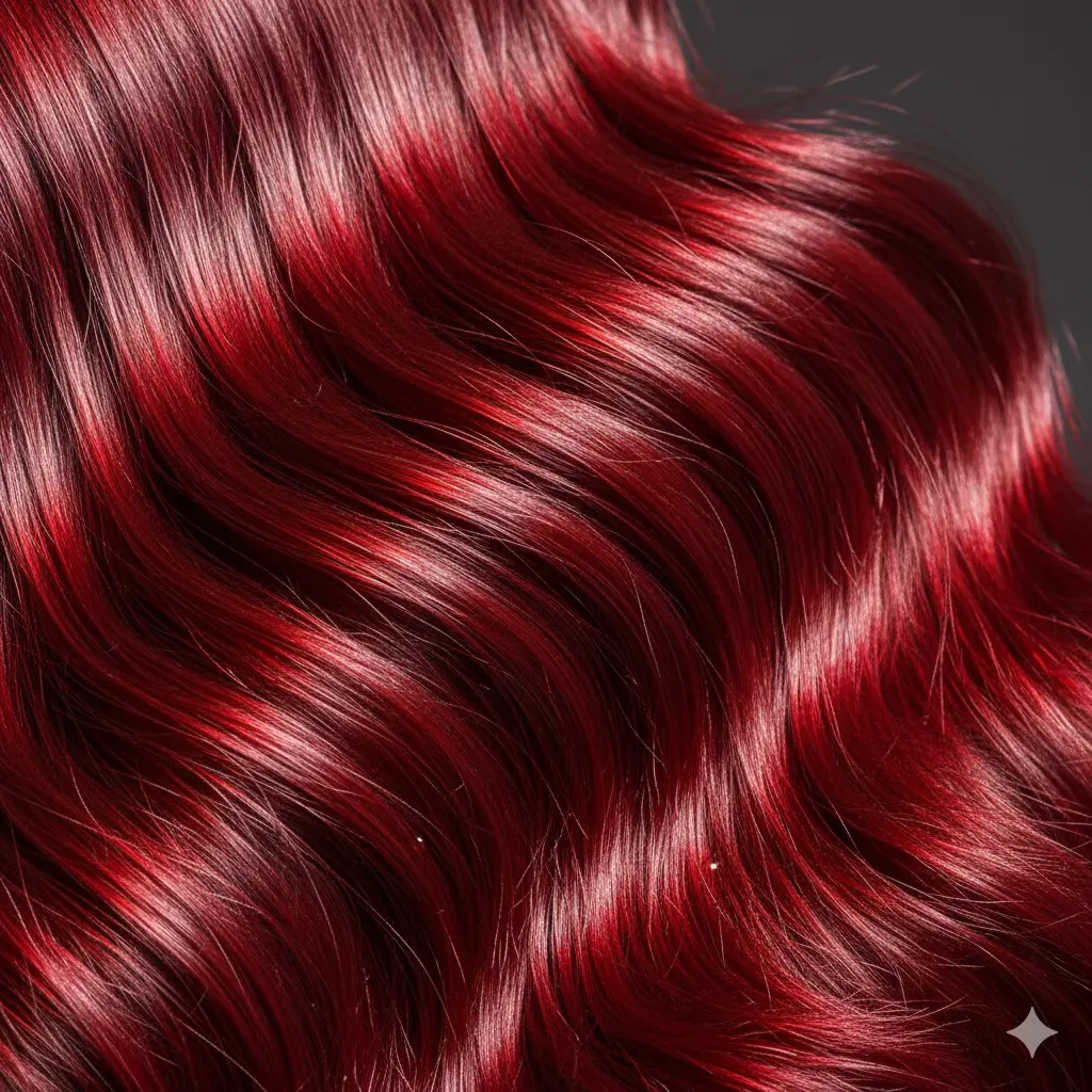 Primo piano di una chioma di capelli rosso ciliegia brillanti e sani, a rappresentare un colore che non sbiadisce.