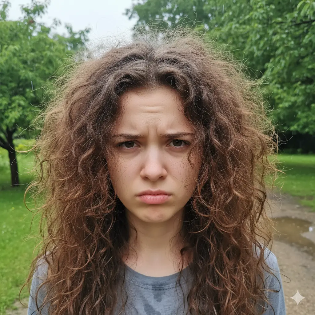 Donna con capelli visibilmente secchi e crespi, che rappresenta il problema dell'idratazione.