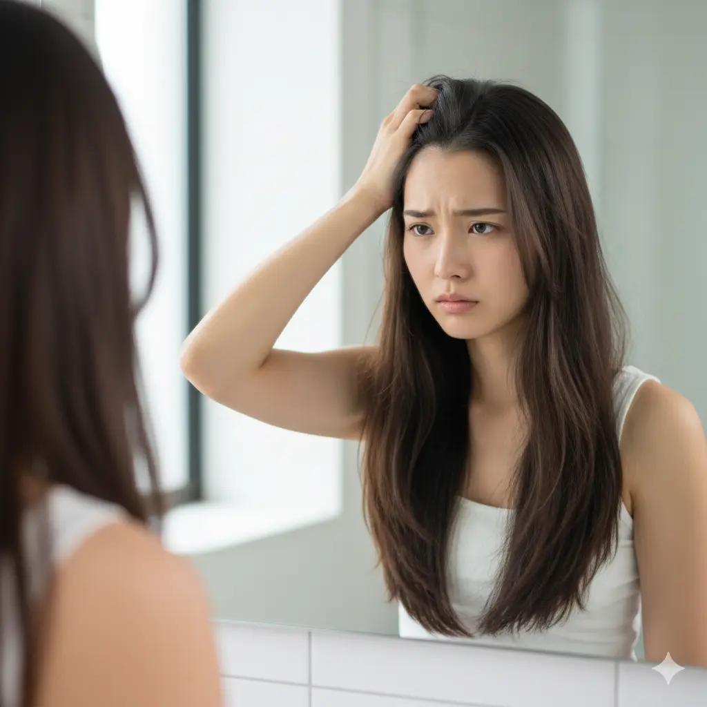 Donna che controlla le radici dei suoi capelli, a rappresentare il problema della cute grassa.