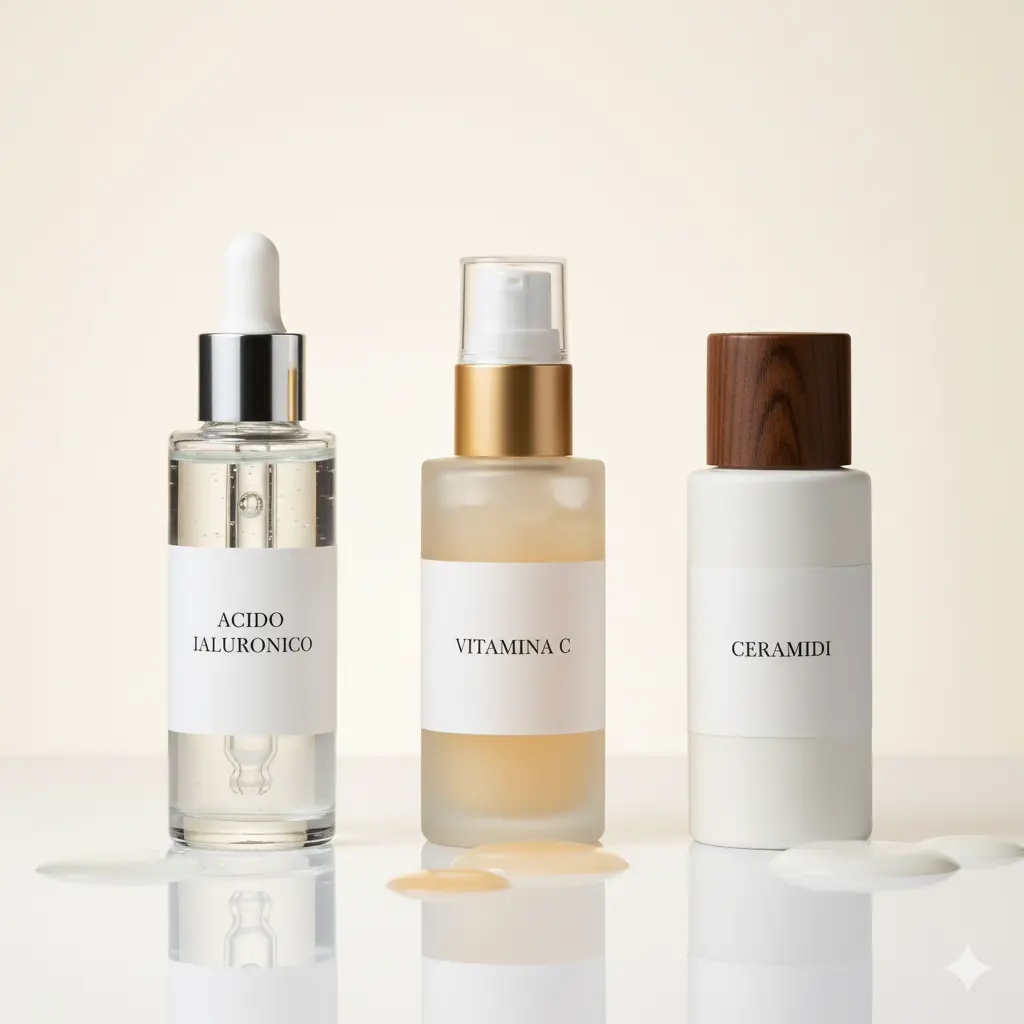 Flaconi di sieri professionali per la cura della pelle in inverno: Acido Ialuronico, Vitamina C e Ceramidi."