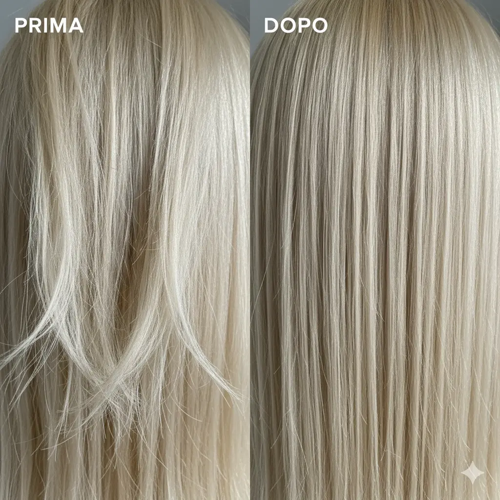Immagine prima e dopo di un trattamento di ricostruzione alla cheratina su capelli biondi danneggiati, che appaiono sani e corposi."
