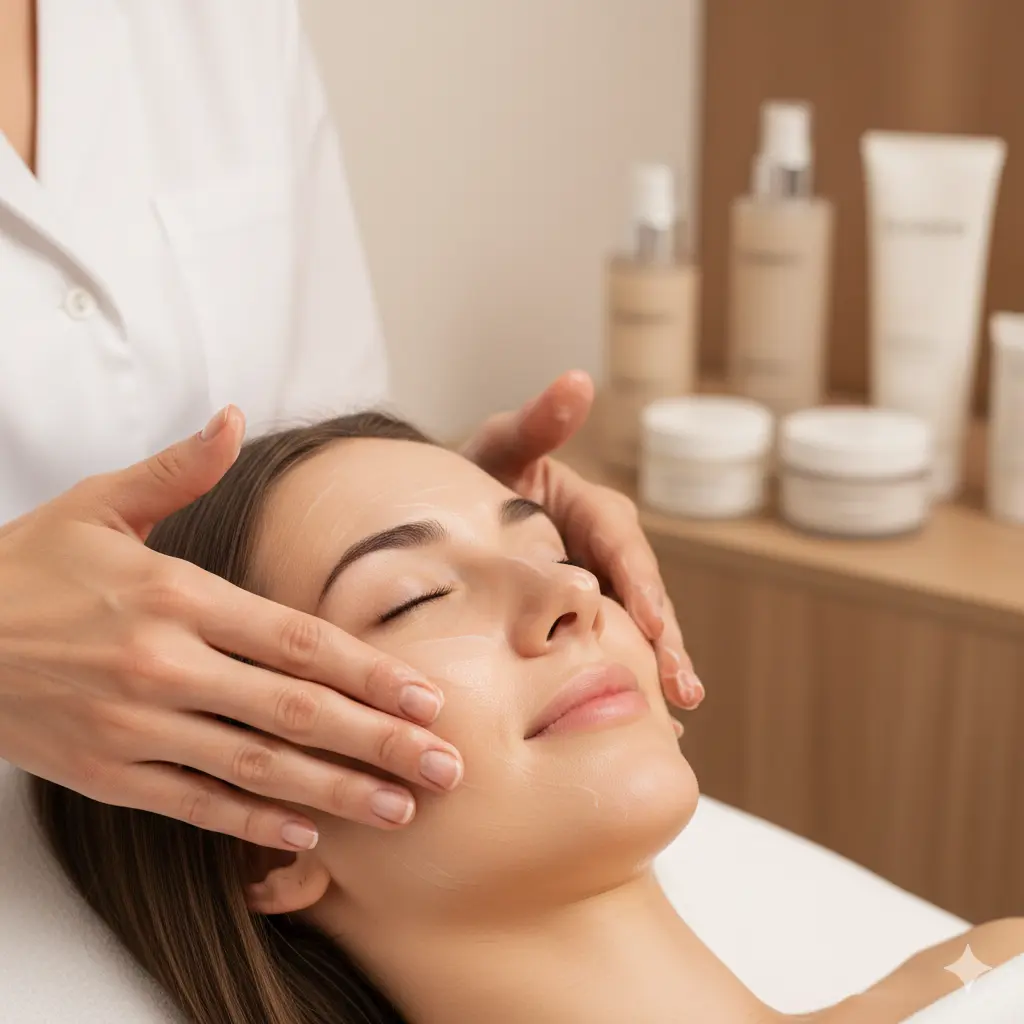 Estetista professionista esegue un massaggio nutriente sul viso di una cliente durante un trattamento invernale in cabina